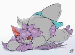 2024 anthro bat bulge clothed clothing digital_media_(artwork) erection erection_under_clothing fur genitals hair hair_over_eye hi_res humanoid_genitalia humanoid_penis male mammal membrane_(anatomy) membranous_wings overweight overweight_male partially_clothed penis pubes purple_hair simple_background smile solo tail thong underwear wings yellowluster