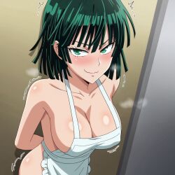 against_wall ai_generated arms_behind_back blush cleavage female fubuki_(one-punch_man) gatehacker green_eyes green_hair indoors looking_up naked_apron naughty_face one-punch_man smug solo trembling