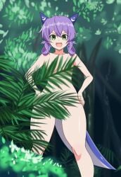 breasts bush censored_nipples completely_nude convenient_censoring dragon_girl dragon_horns dragon_tail feet_out_of_frame female flatorte_(slime_taoshite_300_nen) foliage forest green_eyes groin hair_between_eyes hair_rings hands_on_own_hips highres horns kasutera_mikan looking_at_viewer nature navel nude open_mouth purple_hair short_hair slime_taoshite_300_nen_shiranai_uchi_ni_level_max_ni_nattemashita small_breasts smile solo stomach tail tree_shade