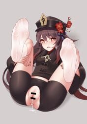 absurdres anus black_shorts blush breasts brown_hair brown_hat brown_jacket censored commentary_request cum cum_in_ass cum_in_pussy cum_on_body cum_on_feet feet female flower genshin_impact grey_background hair_between_eyes hair_flaps hat highres holding_own_leg hu_tao_(genshin_impact) jacket knee_socks kneehighs kneesocks long_hair long_sleeves oirin open_mouth plum_blossoms pussy red_eyes red_nails shorts simple_background small_breasts socks soles solo toes torn_clothes torn_shorts twintails white_socks wide_sleeves