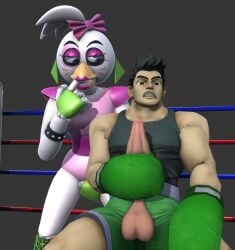 1boy 1girls 3d angry angry_face animatronic bird boxers boxing_gloves crossover eastern_and_western_character five_nights_at_freddy's:_security_breach furry furry_female glamrock_chica_(fnaf) horn human little_mac masturbation muscular muscular_male nintendo penis pussy robot robot_girl seductive testicles vaginal_masturbation