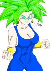 abs blue_eyes breasts dragon_ball dragon_ball_super earrings female female_focus fusion fusion_character green_hair grinning kefla legendary_super_saiyan muscular_female potara_earrings pussy saiyan solo_female spiky_hair staring_at_viewer super_saiyan watermark wetlaw