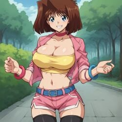 ai_generated anzu_mazaki belly belly_button belt blue_eyes blush bracelet breasts brown_hair choker cleavage curvy curvy_body curvy_female curvy_figure female female_focus female_only highres huge_breasts large_breasts light-skinned_female light_skin looking_at_viewer outdoors pink_jacket shorts smile smiling smiling_at_viewer strapless tea_gardner thick_thighs thighhighs thighs tree tubetop voluptuous voluptuous_female yu-gi-oh! yu-gi-oh!_duel_monsters