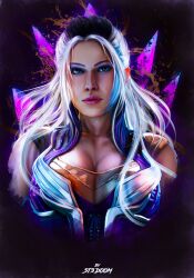 1girls athletic_female big_breasts cleavage female female_only looking_at_viewer mature milf mortal_kombat mortal_kombat_1_(2023) purple_eyes sindel st3doom white_hair