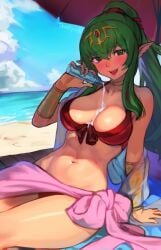 1girls applying_sunscreen beach bikini blue_sky bracelet breasts cleavage commission day fire_emblem fire_emblem_awakening fire_emblem_heroes green_eyes green_hair hair_between_eyes hair_ornament highres inviting jewelry large_breasts lips long_hair looking_at_viewer lotion navel nintendo ocean official_alternate_costume open_mouth outdoors parasol pink_lips pink_sarong pointy_ears ponytail r123 red_bikini sarong seductive see-through sidelocks sitting skeb_commission sky smile solo stomach sunscreen swimsuit teeth thank_you tiki_(adult)_(fire_emblem) tiki_(adult)_(summer)_(fire_emblem) tiki_(fire_emblem) umbrella upper_teeth_only very_long_hair water