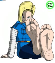 1girls android_18 android_18_feet barefoot blonde_hair blue_eyes crossed_ankles crossed_feet foot_fetish foot_focus looking_at_viewer meaty_soles presenting_feet screampunkarts_(artist) short_hair soles solo solo_female solo_focus toes wrinkled_feet wrinkled_soles