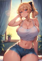 1girls ai_generated bangs bare_shoulders big_breasts black_thong blonde_hair blue_eyes blush breasts civitai clothed clothing female female_focus female_only genshin_impact hair_between_eyes hair_ribbon highres hips huge_breasts jean_gunnhildr jean_shorts light-skinned_female light_skin looking_at_viewer louisjunior midriff mihoyo navel ponytail revealing_clothes sideboob sidelocks sitting skindentation solo solo_female solo_focus tank_top thick_thighs thighs thong tight_clothing uncensored upscaled wide_hips