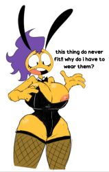 algob4v big_breasts bunny_ears bunnysuit emoji emoji_(race) english_text fishnets nip_slip oc purple_hair text thick_thighs toony