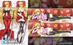 areolae artist_name blonde_hair breasts censored clothing dakimakura dress elbow_gloves female kiss-shot_acerola-orion_heart-under-blade kizumonogatari large_breasts long_hair looking_at_viewer monogatari_(series) nekomonogatari nipples oshino_shinobu panties pointy_ears skirt solo sword tony_guisado weapon web_address yellow_eyes