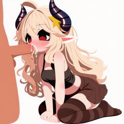 1boys 1girls ahoge ai_generated bangs bare_shoulders blonde_hair blush borrowed_character breasts cumshot cumshot_in_mouth erection fellatio female hair_between_eyes hair_ornament horns long_hair looking_at_viewer oral penis pointy_ears red_eyes ribbed_sweater roblox simple_background solo_focus star_(symbol) star_hair_ornament straight sunny_(legacy) uncensored white_background