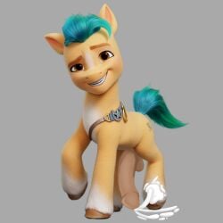 animal_ears animal_genitalia animal_penis big_penis cum cumming cumshot cutie_mark cyan_hair feral fur gay gay_male hitch_trailblazer_(mlp) horse horse_penis horsecock looking_at_viewer male male_only mane mlp_g5 my_little_pony no_background pony sheriff smiling solo tail yellow_fur