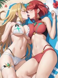 2girls ai_generated ai_villain beach big_breasts bikini blonde_hair blush breasts breasts_touching camel_toe cameltoe chest_jewel closed_eyes core_crystal earings jewlery kissing leg_strap monolith_soft mythra_(xenoblade) nintendo pyra_(xenoblade) red_bikini red_hair selfcest tiara white_bikini xenoblade_(series) xenoblade_chronicles_2 yuri