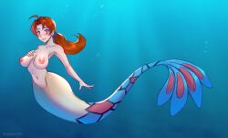 1girls big_breasts breasts delia_ketchum_(pokemon) female humanoid mature_female mermaid mermaid_tail milf milotic navel nintendo nipples nude ocean pokemon sea solo strawberrytfs tagme tail underwater water