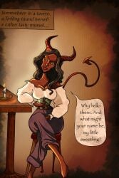 big_lips breasts brown_hair character cleavage clothed clothed_female clothing comic comic_page comic_panel comic_strip corset curvy curvy_female curvy_figure dark-skinned_female dark_hair demon demon_futa demon_girl demon_horns demon_tail desdamoana dnd_character dominant_female domination dungeons_and_dragons fully_clothed futa_only futadom futanari horns lips long_hair original original_art original_artwork original_character red_skin self_upload shemale smirk tail tavern text text_bubble tiefling tiefling_futa yellow_eyes