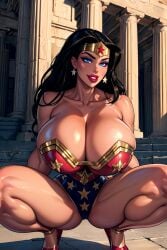 1girls ai_generated amazon amazonian big_breasts blue_eyes busty bythebrokenone dc_comics diana_prince earrings female_only princess royalty skimpy_armor solo solo_female squatting superheroine tagme tiara wonder_woman wonder_woman_(series)