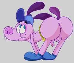 anthro ass balls bent_over bloofy_(inside_out) canid canine canis clothing disney domestic_dog genitals hat headgear headwear hi_res inside_out looking_back male male_only mammal penis pixar pouchy_(inside_out) slushiedoggie solo