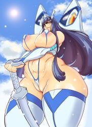 1girls abs adult_swim bikini bikini_bottom_pull black_hair blush bobo12 gigantic_breasts highleg_bikini hourglass_figure huge_breasts kill_la_kill kiryuuin_satsuki long_hair low-angle_view micro_bikini muscular muscular_female nipple_slip pussy_floss sweat sweatdrop sweating toonami venus_body voluptuous white_background wide_hips