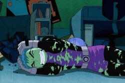 beast_boy beast_boy_(teen_titans) gay green green_body green_eyes green_hair green_skin nsfw nudkrt00n skinny spandex spandex_suit torn_clothes torn_clothing torn_spandex yaoi young