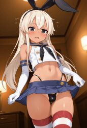 1boy ai_generated black_eyes blonde_hair bulge_under_clothes bunnysuit cosplay cropped_shirt embarrassed faggot femboy flat_chest gloves hair_between_eyes hotel_room indoors kantai_collection long_hair looking_down male miniskirt mr.mawile scarf serafuku shimakaze_(kantai_collection) shimakaze_(kantai_collection)_(cosplay) shy skirt_lift slim solo striped_legwear tanned_body tanned_skin thighhighs thong trap worried_expression