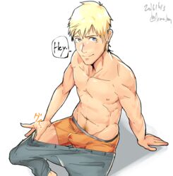 1boy abs arima_(arima_bn) blank_background blonde_hair bulge erection male_only pants_down precum pubic_hair sitting solo topless underwear underwear_only undressing