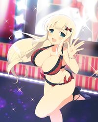 aqua_eyes bikini blonde_hair blush bra breasts hair_ornament open_mouth panties senran_kagura smile yaegashi_nan yomi_(senran_kagura)