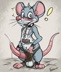 ! 1boy animal_genitalia balls blush buckteeth chains clothing collar dripping emenius erection front_view handcuffs ineffective_loincloth loincloth long_penis looking_at_viewer male male_only mammal medial_ring mouse penis precum rodent sagging_balls shackles sheath shirt sign signature solo standing tank_top tapering_penis teeth whiskers