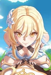 1boy 1girls absurd_res aether_(genshin_impact) blonde_hair blush brother_and_sister cleavage clothed clothing cowgirl_position down_blouse eyebrows_visible_through_hair female female_focus flower flower_in_hair genshin_impact girl_on_top good_morning_my_brother_(meme) grass highres hoyoverse incest looking_at_viewer luizhtx lumine_(genshin_impact) male male_pov medium_breasts meme mihoyo outdoors pale-skinned_female pale_skin parody pov pov_eye_contact pov_male short_hair smile smiling_at_viewer straight twincest twins yellow_eyes