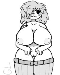 2d_(artwork) genderswap goofylookin goofylookin_(butfemale) greyscale ibispaintx large_breasts looking_away lowres nude_female shaded solo_female source_request thighhighs