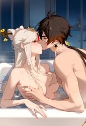 1boy 1girls ai_generated bath bathtub genshin_impact grabbing_breasts kissing ningguang_(genshin_impact) straight tommy_(artist) zhongli_(genshin_impact)