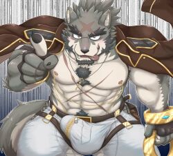 another_eidos_of_dragon_vein_r anothereidos_of_dragon_vein_r anthro armpit_focus armpit_hair balls_bulge bandanna_on_forehead belt bodily_fluids body_hair bottomwear bulge canid canine canis chains chest_hair clothing full_house_(anothereidos_r) fullhouse gold_(metal) gold_chain happy_trail hi_res male male_only mammal muscular muscular_male nipple_piercing nipples pants piercing rockmai3 scar solo sweat tenting wolf wubaikongx yellow_eyes