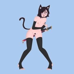 alternate_version_available black_hair bush cat_ears cat_tail catgirl clothed_female final_fantasy_xiv fingerless_gloves glasses gloves hiivenn_(artist) katana kyoka_akazome miqo'te nude pubic_hair red_eyes stirrup_legwear toeless_legwear