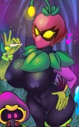 1boy 1girls big_breasts brawl_stars breasts cigarette clothing cordelius_(brawl_stars) female gas_mask hand_on_hip happy heart hips lily_(brawl_stars) male monster_girl nipples_visible_through_clothing pink_eyes plant tagme tamalito voluptuous_female yellow_eyes