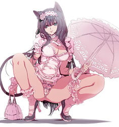 animal_ears ankle_socks anklehighs bag bangs breasts cat_ears cat_tail cleavage crotchless_panties female frilled_legwear frilled_socks frills hairband handbag high_heels holding lolita_fashion lolita_hairband long_hair looking_at_viewer mamecchi neko_no_wakusei original panties parasol pink_socks pubic_hair puffy_short_sleeves puffy_sleeves short_sleeves simple_background socks squatting tail umbrella underwear white_background wrist_cuffs