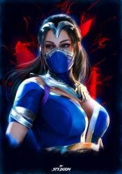 1girls athletic_female back_view big_breasts black_hair blue_eyes female female_only kitana kitana_(new_era) looking_at_viewer mortal_kombat mortal_kombat_1_(2023) st3doom