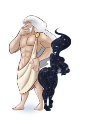 areolae big_ass dark-skinned_female dark_skin god goddess holding_back klassyarts_(artist) large_breasts large_male_smaller_female nebula nipples no_sex nude_female nyx_(greek_mythology shortstack smug_expression starry_hair tease tease_and_denial teasing temptation tempting thick_thighs toga wanting_sex white_hair zeus_(greek_mythology)