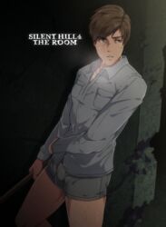 1boy arima_(arima_bn) breath brown_hair bulge henry_townshend male male_only silent_hill silent_hill_4 solo steam stubble underwear weapon