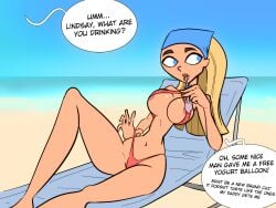 artist_request beach big_ass big_breasts bikini blonde_hair blue_eyes cartoon_network large_ass large_breasts lindsay_(tdi) swimsuit thick_thighs total_drama_island wide_hips