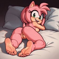 ai_generated airtist_the_artificial amy_rose ass barefoot bed breasts feet female lying lying_down lying_on_bed naked nude patreon pussy shortstack solo sonic_(series) sonic_the_hedgehog_(series) tagme