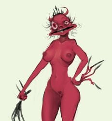 breasts britney_(smiling_friends) demon demon_girl demon_horns mismatched_horns nude nude_female princess red_eyes red_skin simple_background skinny_female skinny_waist smiling_friends solo solo_female tiara ugly ugly_bitch ugly_female ugly_woman vomitrat weird