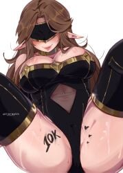 big_breasts blindfold body_writing breasts brown_hair collar elf elf_ears elf_female heart_symbol looking_at_viewer nasya__ns see-through see-through_clothin silva_(nasya_na) spread_legs thick_ass thick_thighs thighhighs