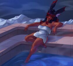 1girls 2023 black_hair blue_eyes bunny_ears bunny_girl commission dark-skinned_female dark_skin eliri female female_only final_fantasy final_fantasy_xiv long_hair poolside red_highlights scars scars_all_over sirot_nsfw sitting smiling solo thick_thighs towel towel_only very_high_resolution viera