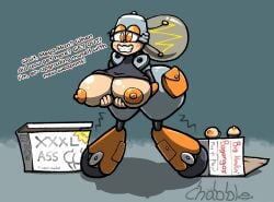 box boxes chabble english_text fan_character giant_breasts large_ass large_breasts light_bulb mega_man mega_man(classic) nervous robot robot_girl robot_humanoid robot_master text wheel_feet wheels