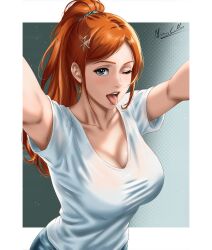 absurdres alternate_costume alternate_hairstyle alvsdraws bleach blush border breasts brown_hair cleavage collarbone commentary eyelashes female grey_eyes hair_ornament hair_scrunchie hairclip highres inoue_orihime large_breasts lips long_hair looking_at_viewer mature_female nose one_eye_closed open_mouth outstretched_arms parted_bangs ponytail scrunchie shirt short_sleeves sidelocks signature solo star_(symbol) star_hair_ornament teeth tongue tongue_out tsurime upper_body upper_teeth_only upturned_eyes white_border white_shirt