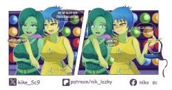 2girls blue_eyes blue_hair blush breasts clothed clothing comic comic_panel disgust_(inside_out) disney duo duo_female duo_focus green_body green_hair green_skin inside_out inside_out_2 joy_(inside_out) kike_sc9 multiple_girls no_sex pervert pixar sex_toy short_hair short_hair_female spanish_dialogue spanish_text tagme yellow_body yellow_skin