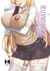 anoni-chan arm_under_breasts between_breasts blonde_hair breast_lift breasts brown_sweater_vest collared_shirt content_rating controller cover cover_page doujin_cover elbow_gloves english_text facing_viewer female gloves grey_skirt head_out_of_frame highres large_breasts long_hair miniskirt paid_reward_available pixiv_username pleated_skirt remote_control saliva school_emblem school_uniform sex_toy shirt shokuhou_misaki short_sleeves signature skirt solo spider_web_print summer_uniform sweater_vest thighhighs toaru_kagaku_no_mental_out toaru_kagaku_no_railgun toaru_majutsu_no_index tokiwadai_school_uniform tongue tongue_out very_long_hair vibrator vibrator_in_thighhighs white_background white_gloves white_shirt white_thighhighs