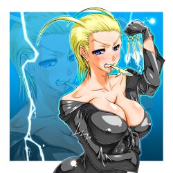 artist_request blonde_hair blue_eyes breasts cleavage covered_erect_nipples disney female gloves kingdom_hearts large_breasts larxene latex naughty_face no_bra nobody_(kingdom_hearts) organization_xiii short_hair solo square_enix undressing unzipped