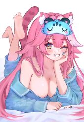 bed cat_ears cleavage feet hololive hololive_english hololive_english_-justice- kemonomimi kiseki8 laying_on_bed long_hair pajamas patreon_username pink_hair raora_panthera sleep_mask tail the_pose virtual_youtuber watermark yellow_eyes