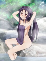 1girls absurd_res ahoge armpits arms_behind_head arms_up artist_name bare_shoulders blush closed_mouth collarbone detailed_background facing_viewer female female_only full_body hips konno_yuuki light-skinned_female light_skin long_hair looking_at_viewer mysteryctu nude onsen open_eyes posing purple_hair red_eyes shaded sideboob sitting smile solo solo_female sword_art_online thick_thighs thighs towel water wet_body