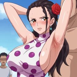 2boys ai_generated armpits arms_up black_hair blush earrings faceless_male female forehead frown gatehacker large_breasts looking_to_the_side male one_piece one_piece_dress orange_eyes polka_dot rose_(flower) rose_in_hair sweat viola_(one_piece)