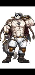 another_eidos_of_dragon_vein_r anothereidos_of_dragon_vein_r anthro armpit_focus armpit_hair balls_bulge bandanna_on_forehead belt bodily_fluids body_hair bottomwear bulge canid canine canis chains chest_hair clothing full_house_(anothereidos_r) fullhouse gold_(metal) gold_chain happy_trail hi_res male male_only mammal monogg muscular muscular_male nipple_piercing nipples pants piercing raised_arms red_eyes scar solo sweat tenting wolf